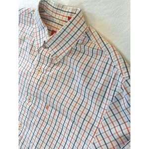 IZOD Mens Medium Button Down Shirt Long Sleeve Cotton Plaid White Orange Blue